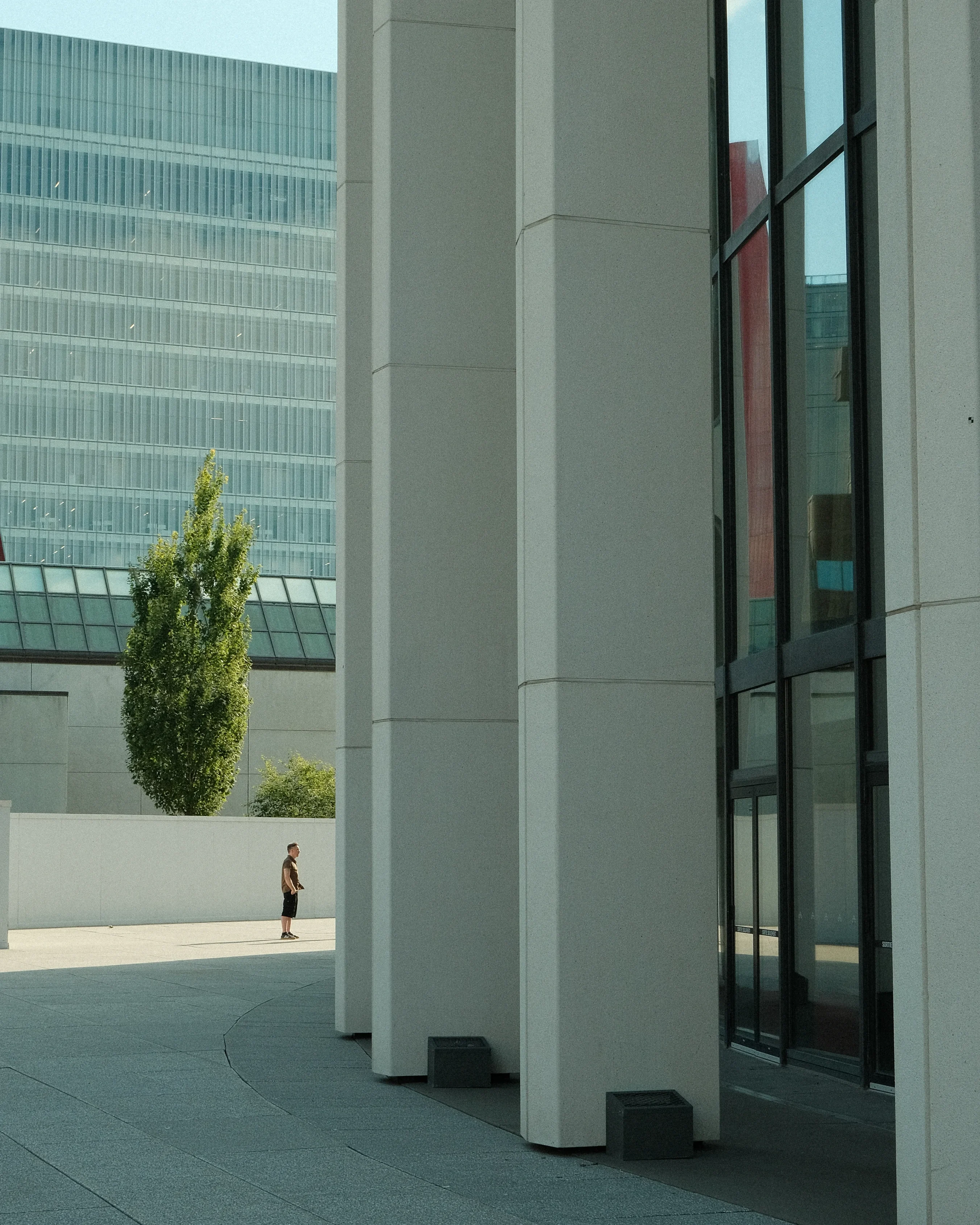 A modern building with large, white columns and a glass facade. A person stands in the foreground, with a smaller building and a tree visible in the background.